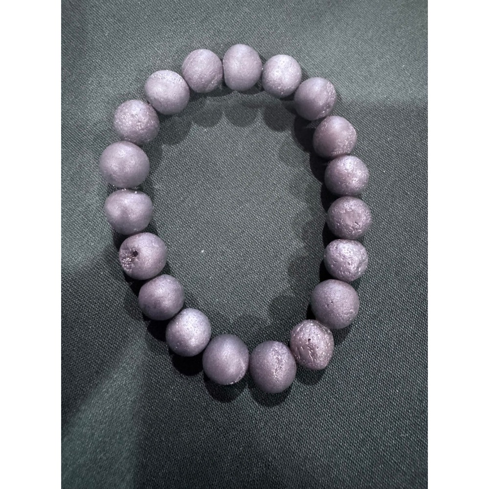 Metallic Lavender Purple Druzy Agate Round Bead Stretch Bracelet Boho Jewelry